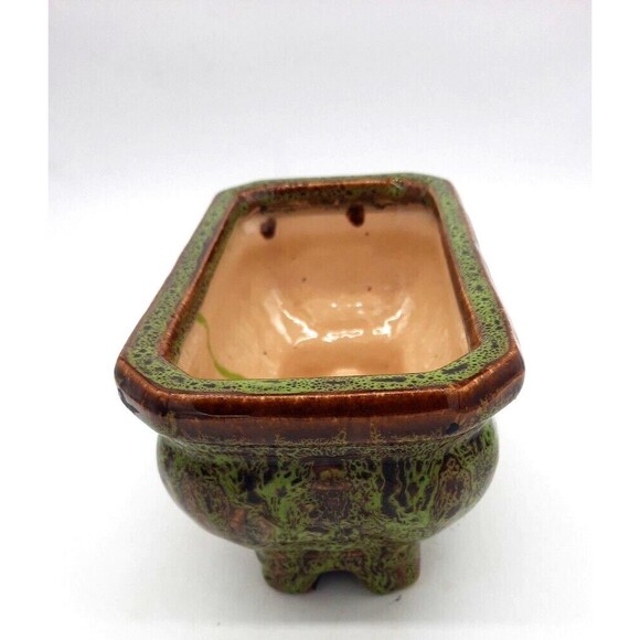 Vintage Haeger Pottery Green Brown Splattered 9.5" Glazed 4 Footed Planter - Picture 2 of 8